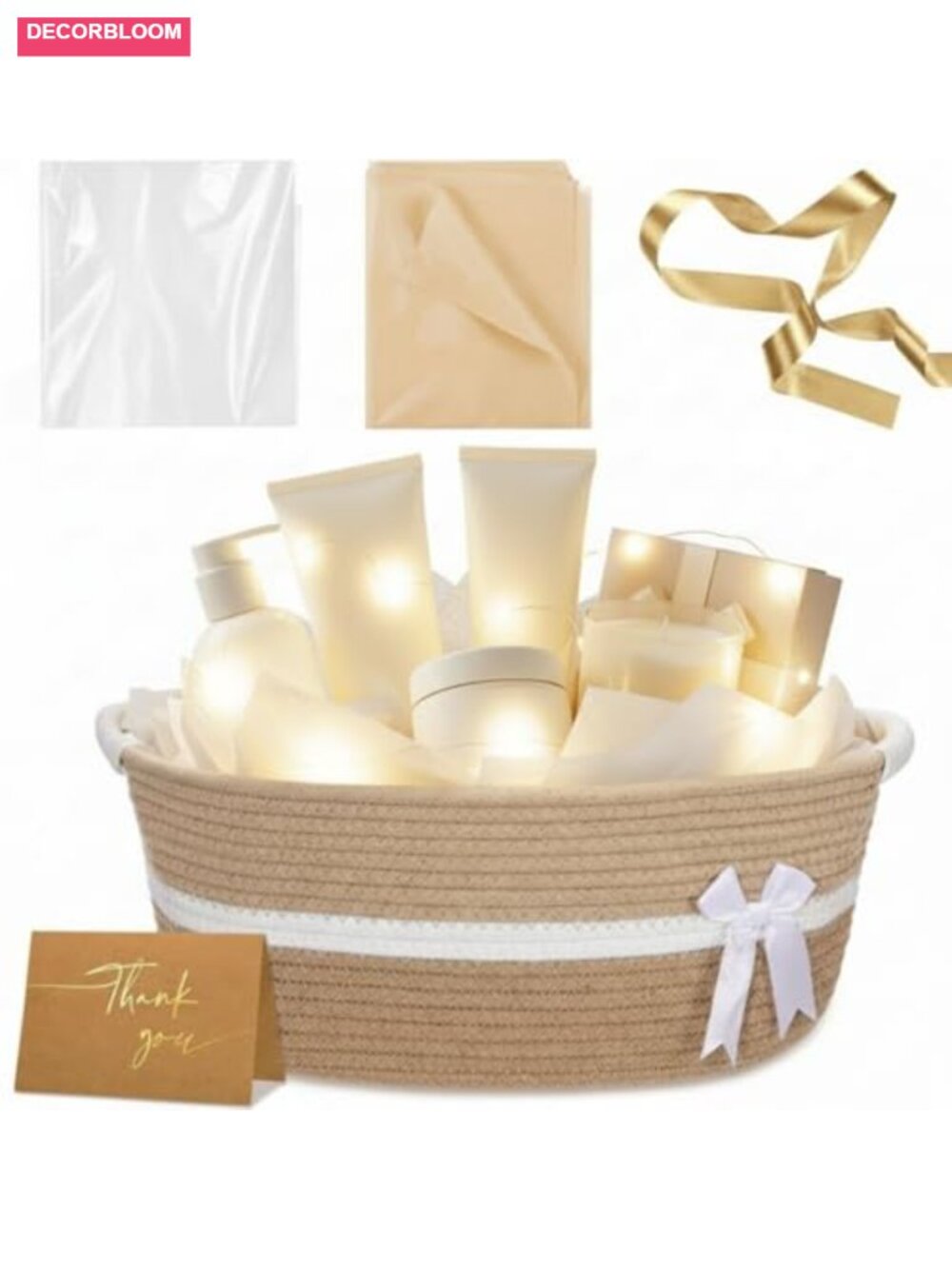 Cotton Rope Woven Gift Basket with Handles, Bow Wrap, LED Lights